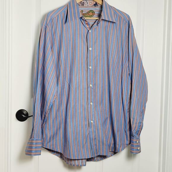 Robert Graham Shirt 2XL Blue Striped Long Sleeve Paisley Flip Cuff Colorful - Picture 1 of 13